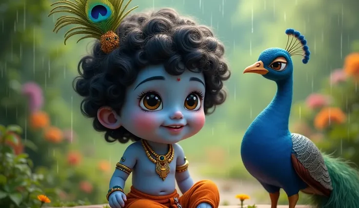 Disney style animation, cute Little Lord Krishna (Krishna blue skin, curly black hair, peacock feather in hair, cute big eyes), (beautiful garden), (closeup), (sitting on a bench,) [POV from above], raining , playing with peacock, smiling 