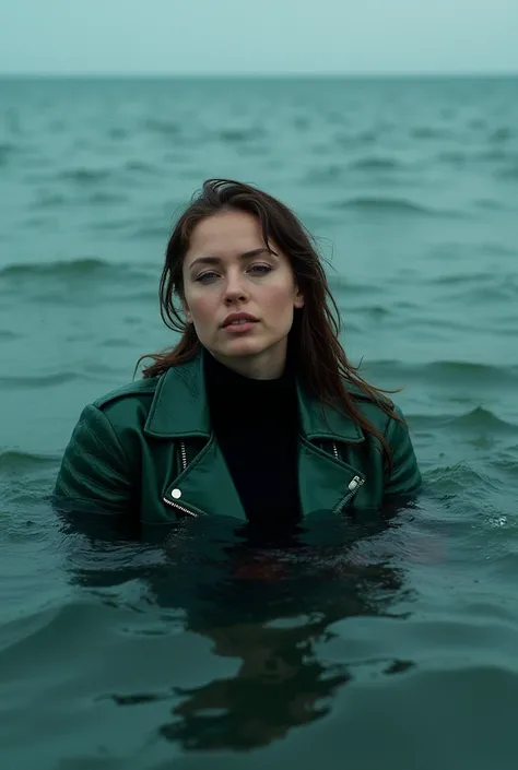 Woman relaxing into sea, wet green leather jacket, wet black sweater