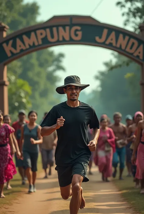 real image An indonesian man in a black shirt wearing a running hat because in pursuit of many beautiful women there is an archway with the inscription KAMPUNG JANDA on the background of a paddy road