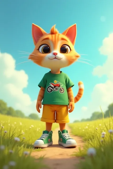  Create an image of a realistic cat , designed to attract children .  The cat must have two hands and two feet facing forward ,  wearing yellow shorts and sneakers .  The top of the cat must be a green shirt with a motorcycle print.  The background should ...