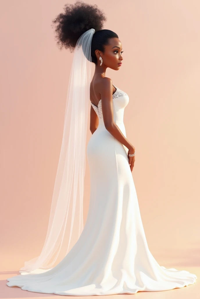  Create an image of my spring wedding dress.  I would like a simple dress with a little lace . I am dark-skinned .  I have African American hair with a long veil . 