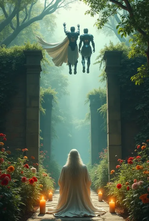 A man dressed as a knight, and with him a man who looks like his shadow, jump from the top of the wall of a beautiful garden like paradise with flowers and in it a man dressed in white with a white beard praying with a book and candles in front of him