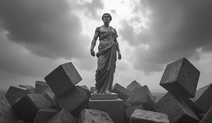 " An artistic image in black and white symbolizing the phrase 'challenges are' .  It shows a classical Greek statue in a position of strength and resilience ,  surrounded by giant stone blocks falling , representing obstacles.  The statue has subtle cracks...