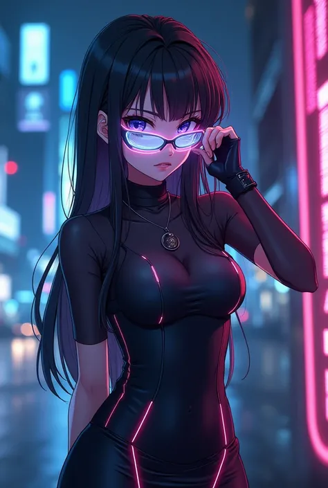 an anime girl with long black hair in a futuristic style wearing a tight dress with LED strips who looks at the camera at night posing with a seductive look behind many LEDs in the city and holds her futuristic LED glasses with one hand 