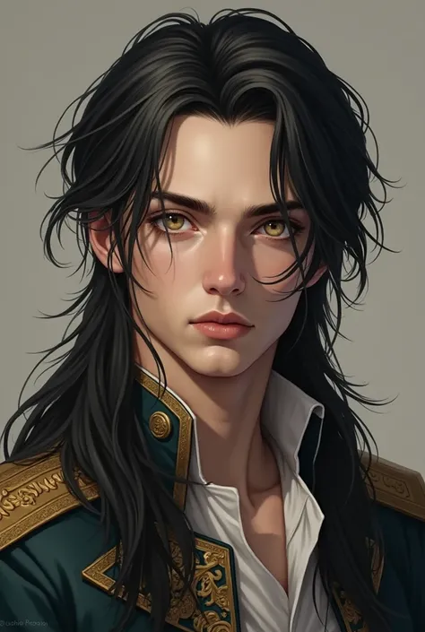  Realistic image of a young man with long black hair, a blond tuft in the hair, with gray and gold heterochromia, vestido de principe