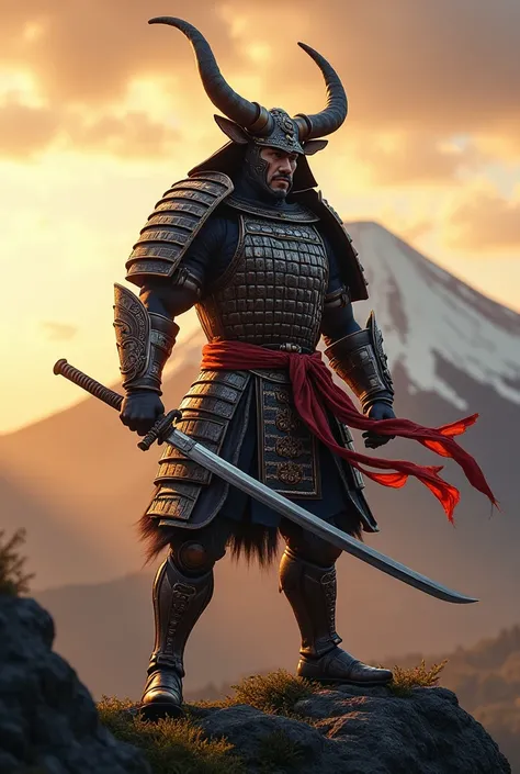 Taurus，Wearing Japanese samurai armor，Holding Japanese sword，Standing on Mount Fuji