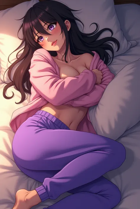 Create an anime-style woman with purple school sweatpants and a pink jacket, In a sexual pose showing her buttocks and legs closed lying on a bed hugging a pillow put her on her back