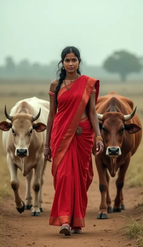 a 25 year lady wearing red saree no jewellery  walking with two bulls walking on the farm where is no crop farmer wife is indian 