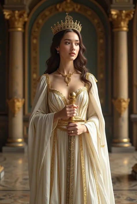 Regal, wise queen wearing white and golden gowns with a gold-wire tiara, holding in her right hand a light, thin, unsheathed sword with golden filigree in the blade.