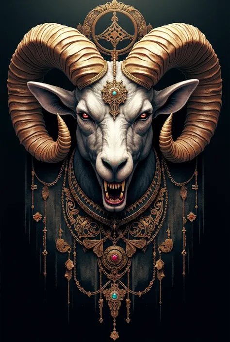 Demon ram head tattoo with lots of details and jewelry