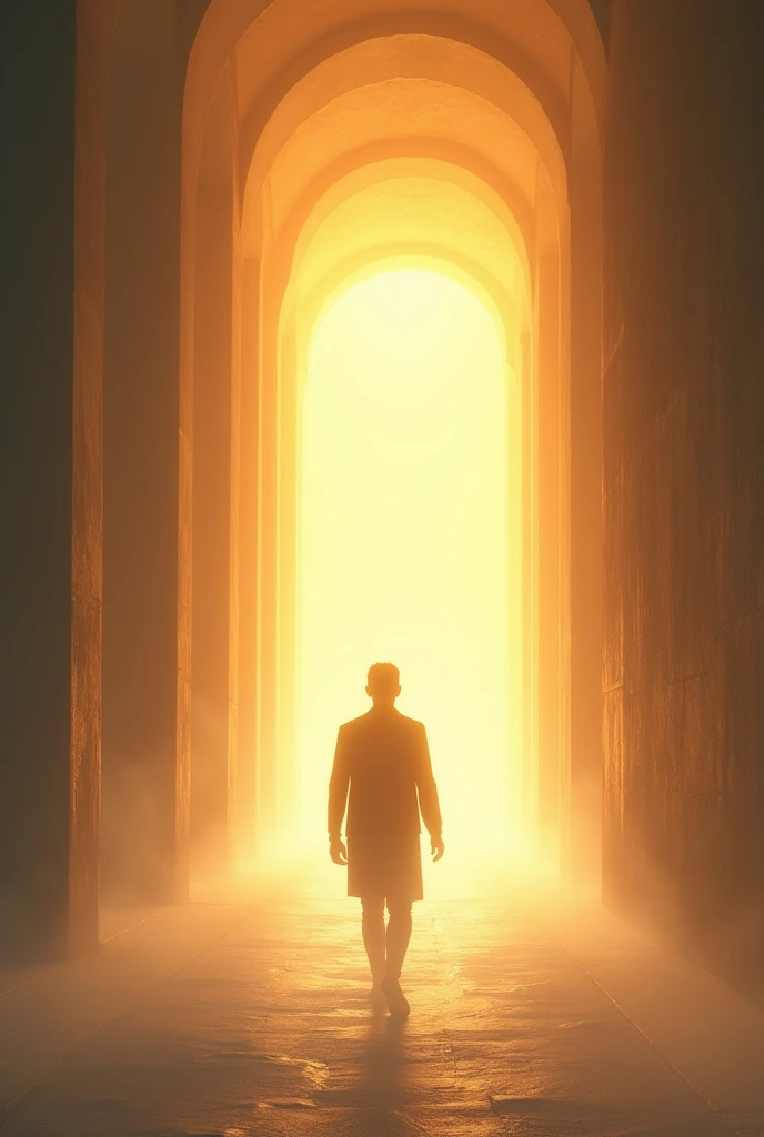 Create an image of a person walking in a soft and welcoming tunnel of light