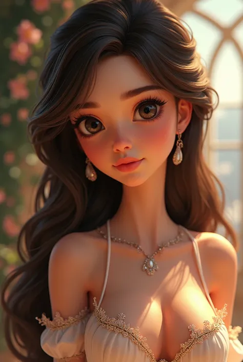 Beautiful brown-haired woman with black eyes straight hair dressed up in animated movie 