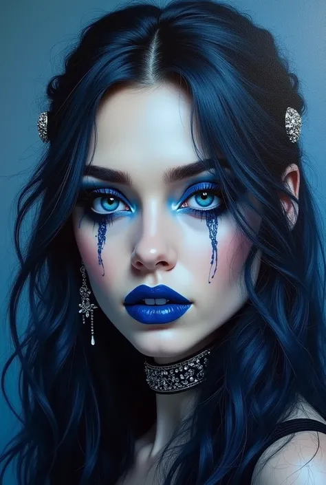 Peinture à l'huile, ne femme frappante d'inspiration gothique avec une présence élégante et envoûtante. Ses yeux bleus perçants sont encadrés par un eye-liner noir dramatique et des motifs complexes, évoquant une allure éthérée mais sombre. Elle a de longs...