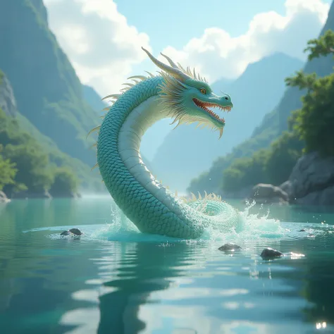 an imugi transformed into a dragon in a divine lake in a 3D model