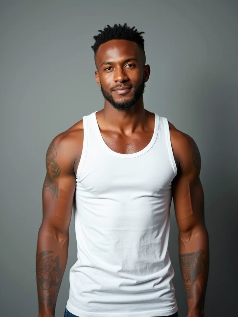  28-year-old African-American male.  short hair. Without Beard. light eyes. muscular athletic body.  some tattoos on her arms . Wear a white tank top,  and denim shorts .  In front of the camera  (frontal) Looking straight ahead with a small timid smile on...