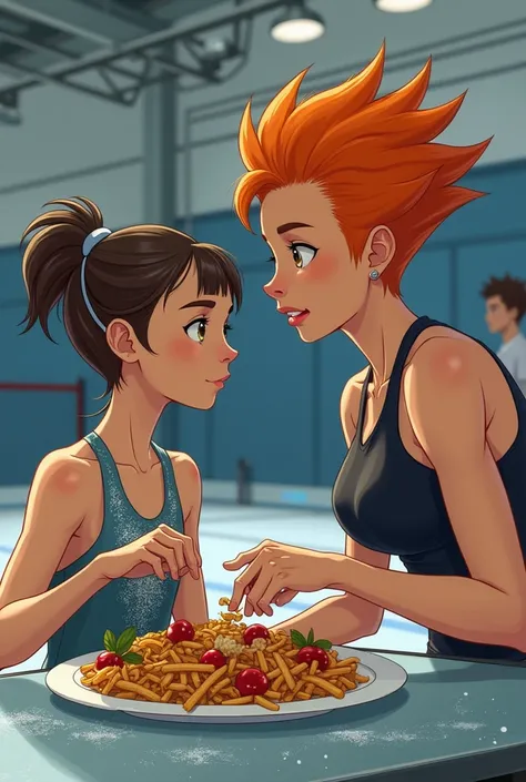 Teenage figure skater girl in skates eating large plateful of food at gym whilst short pumped woman with spiky orange hair looks on