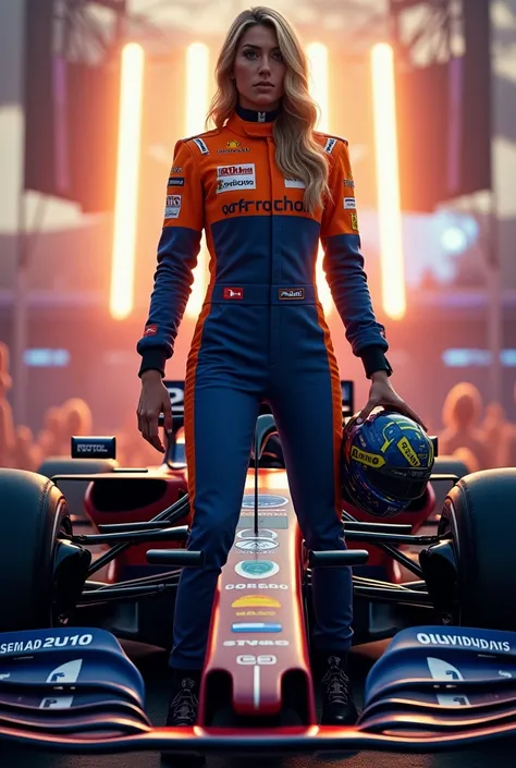  Create a poster-style image of a blonde female Formula 1 racing driver. The driver must be standing in the center ,  with his helmet in his hand and with a navy blue and orange racing jumpsuit .  A navy blue and orange race car must be right in front of t...