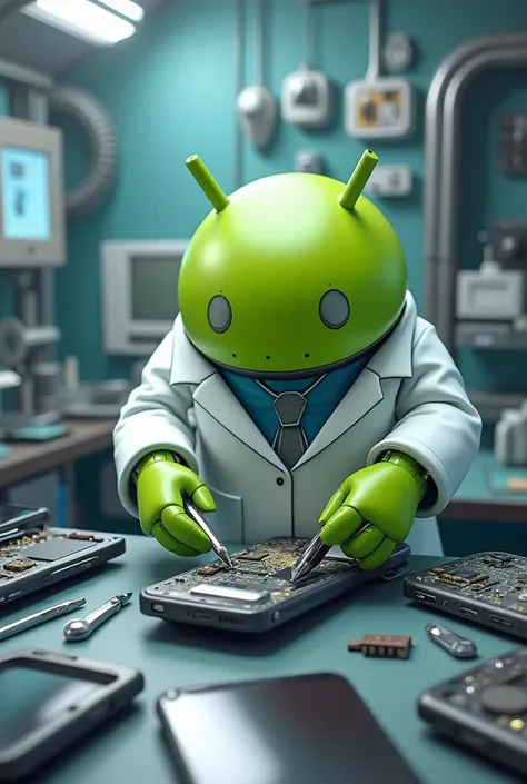 I want to create an image with the Android logo repairing and repairing cell phones as if I were dressed as a doctor