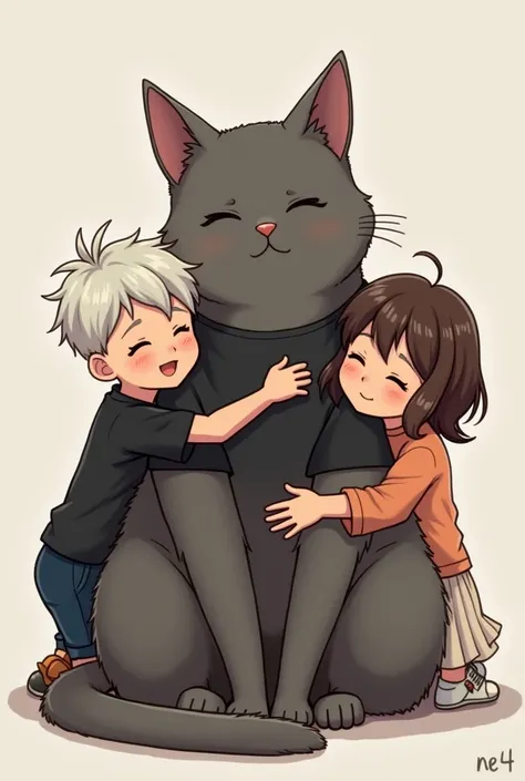  A human-sized gray cat sitting in the center of the composition in a black T-shirt,  on the left, he is hugged by a boy with short white hair sticking up , and on the right, the cat is hugged by a girl with medium brown hair 