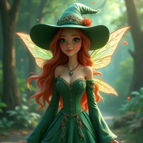  Digital illustration 3D 16k, ultra-realistic Disney-style hyperrealistic digital illustration of an elegant witch in an exquisite green dress, with flower details and a pointed hat decorated with leaves and flowers, dragonfly mounted. Large with transluce...