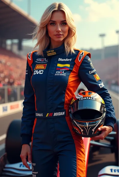 Create a poster-style image of a blonde female Formula 1 racing driver,  with shoulder-length hair . The driver must be standing in the center ,  with his helmet in his hand and with a navy blue and orange racing jumpsuit . A navy blue and orange race car ...