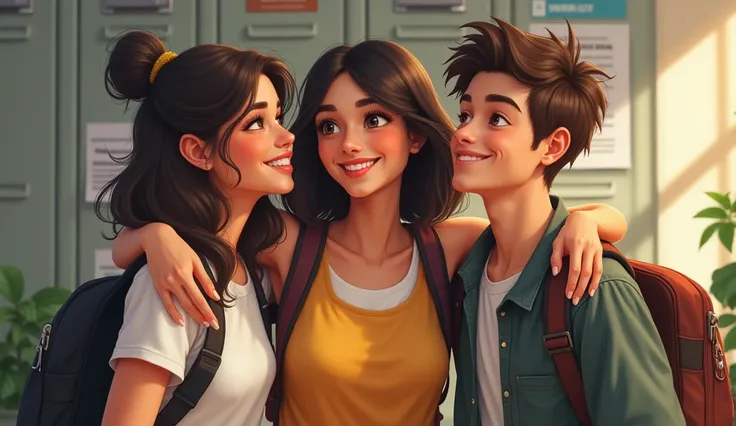 a realistic image of three young people, two girls and a boy, around 20 years old, in a happy and relaxed school