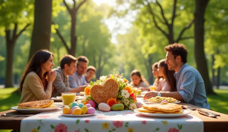 "An Easter Sunday brunch with heart-shaped pancakes, Easter eggs, and spring flowers on a picnic table in Central Park." (USA)
