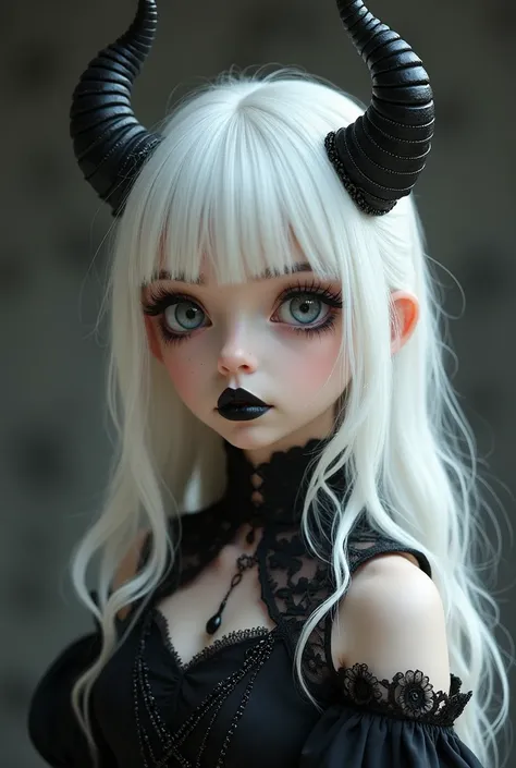  I want an image of a girl with white and Lazio hair with a fringe with tips,  gothic but elegant and simple aesthetics , horns with chains and details ,  black lips,  long eyelashes and porcelain skin with Victorian clothes 