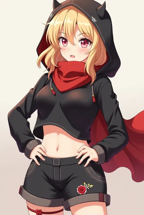 Beautiful woman from the anime Boku No Hero with blond hair and wavy pale pink eyes wearing hero clothes with a black top above her belly who has a hood with shorts embroidered below her knees and around her waist a red scarf 