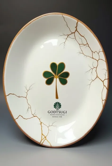 Let's create a large ceramic white plate with the three leaf Shamrock logo that looks like a tree in gold and kintsugi pattern, plate must have gold veins. Under small tree logo is the GODTSUGI branding in gold. Under GODTSUGI name write Motseki Monyahane ...