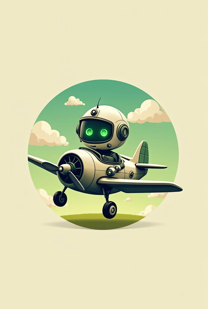 Eco-friendly robot with aviator helmet green eyes, collecting used batteries, flying a plane , flat logo with recycled paper background 