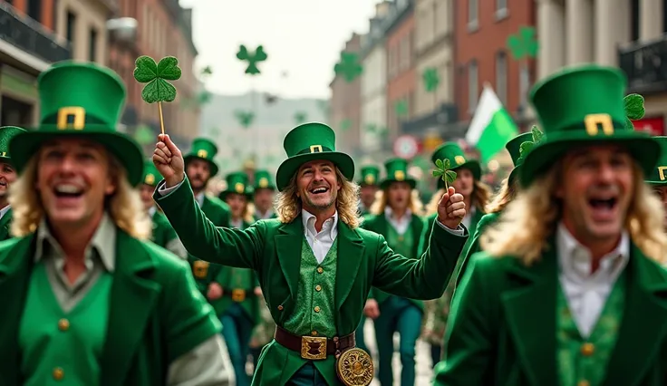 "A parade in Dublin with people wearing green outfits, holding shamrocks, and celebrating St. Patrick’s Day in the streets." (Ireland)
