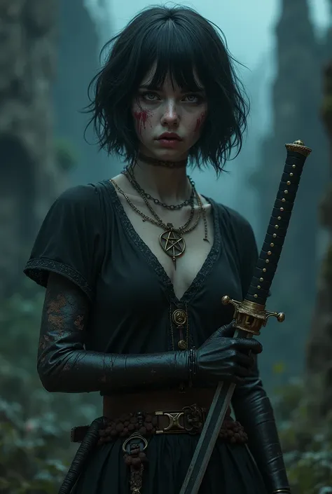  A pale girl with short black hair , From the Middle Ages 3D , realistic, arcane style,  with light eyes dark alchemist clothes with a prosthesis on her left arm steampunk with pentagram, cut on the face,   look of suffering and hate , katana, at night.