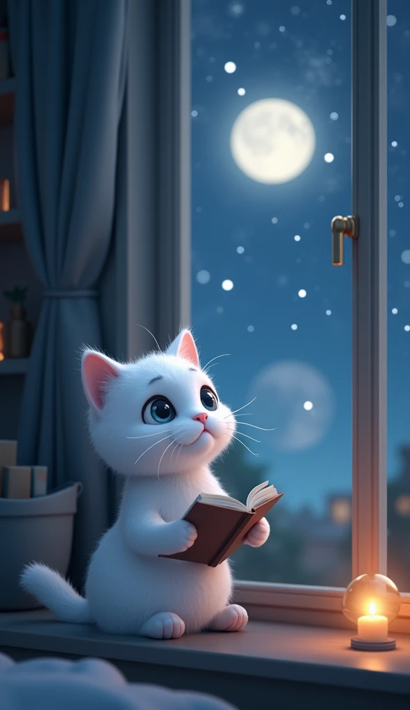 A 3D cartoon-style realistic image of the humanoid white female cat sitting by a window at night, looking up at the stars with a book in her hands. Her expression is hopeful yet wistful, with the glow of the moonlight creating a serene ambiance.