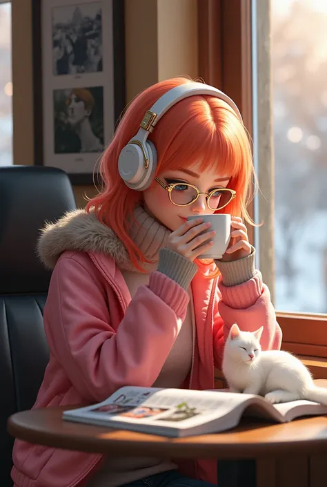 in a cafe, on a cold winter afternoon, a cute female AI musician is sitting at a table, placing the guitar case next to the table, wearing warm winter clothes, a vivid pink cardigan, white and gold headphones, see-through sunglasses, pale orange and red ha...