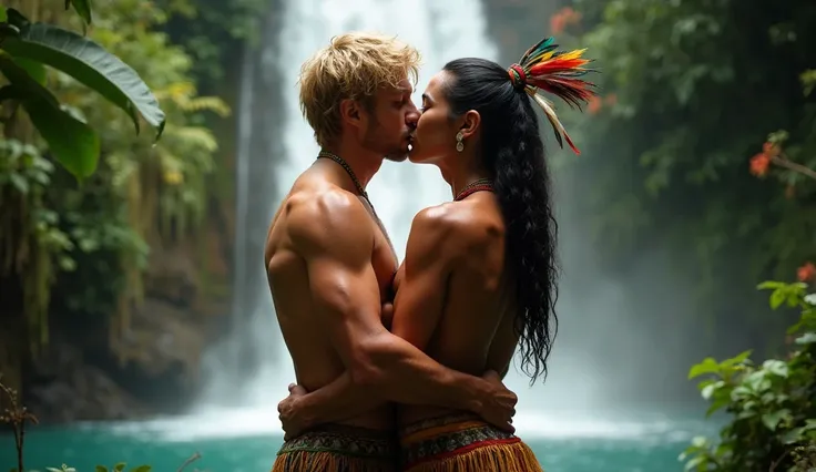  In the lush clearing of the rainforest ,  close to the base of a crystalline waterfall ,  two men share an intimate and passionate moment .  The European has his back to the image ,  their short and wavy blond hair shining under the sunlight filtered by t...