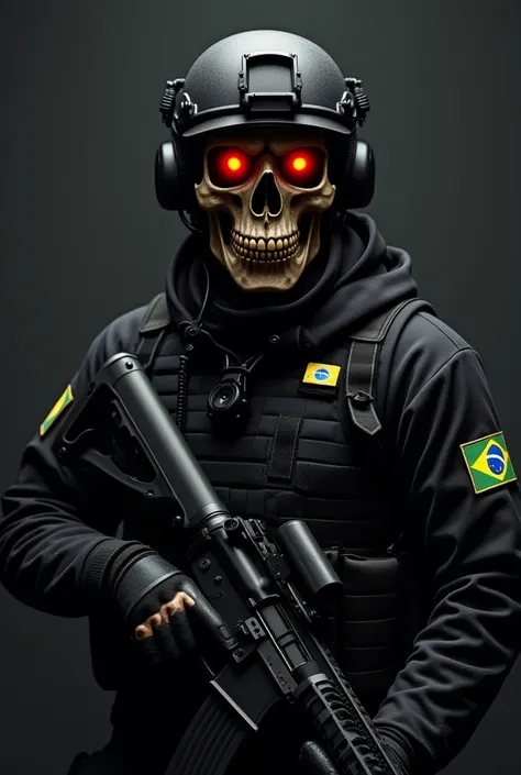 Create an all-black soldier wearing a skeleton mask that has gold teeth on the front of the soldier's uniform has a small Brazilian flag on the front of the soldier has an M4 the eyes of the skeleton mask have bright red eyes and the soldier is wearing a b...