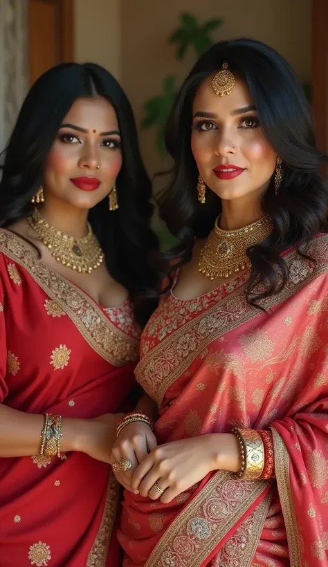 Beautiful Indian women, curvy, chubby women, ((wearing strapless glittering red and white long wide embroidery saree with pallu hanging over the shoulder, beautiful face, makeup, mesmerizing eyes, luscious lips, wavy hair, sharp cheekbones,((Wearing  golde...