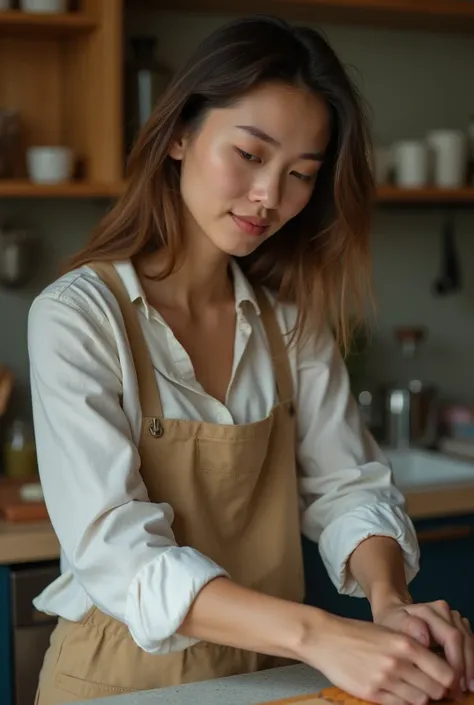  photo of a beautiful 30 year old woman doing household chores, medium close-up 