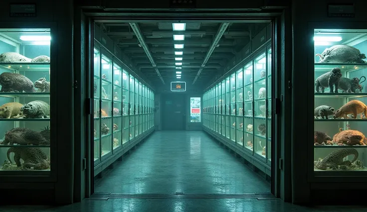 Another set of high-security doors slides open silently, revealing a massive underground laboratory.
Hundreds of animals are sealed in heavy-gauge glass containers, stacked neatly in rows.
The containers glow faintly, with integrated screens displaying liv...