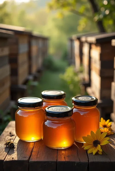  Create images of glass jars ,  with black lids containing honey in a position for sale and containing bee boxes in the background, in an apiary 