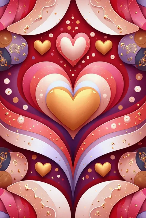 Create a modern abstract love-themed pattern inspired by Valentine's Day. The design should incorporate geometric and kaleidoscopic elements, with symmetrical hearts, flowing ribbons, and layered shapes. Use soft gradients and vibrant colors like reds, pin...