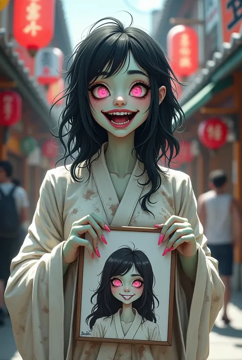 A cheerful ghostly zombified pale-skinned female vampire with pink heart-shaped eyes, joyful smile, thick messy black hair, sharp nails, and a tattered muddy white thobe. She poses with exaggerated laughter, holding a caricature sketch of herself as a beau...