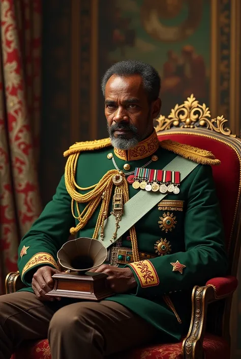 emperor haileselassie hold old music player
 