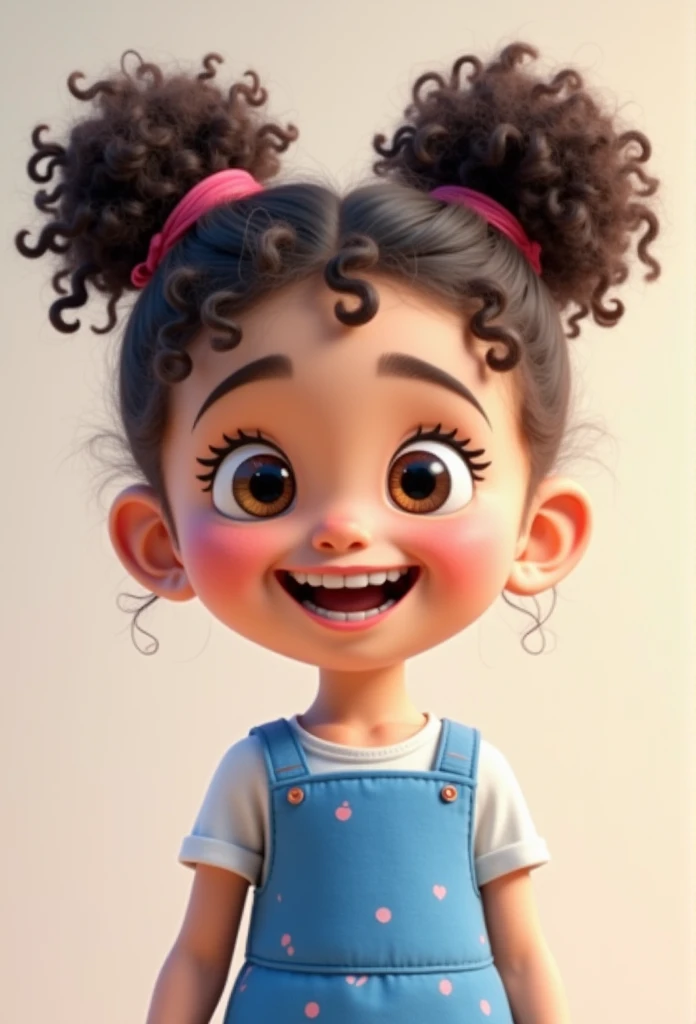  Make a Disney Pixar style student mascot a   smiling widely,  showing small and adorable teeth .  She has curly hair tied in two bunches on the top of her head . White skin and slightly forward teeth She's wearing a blue dress with small pink prints.  The...