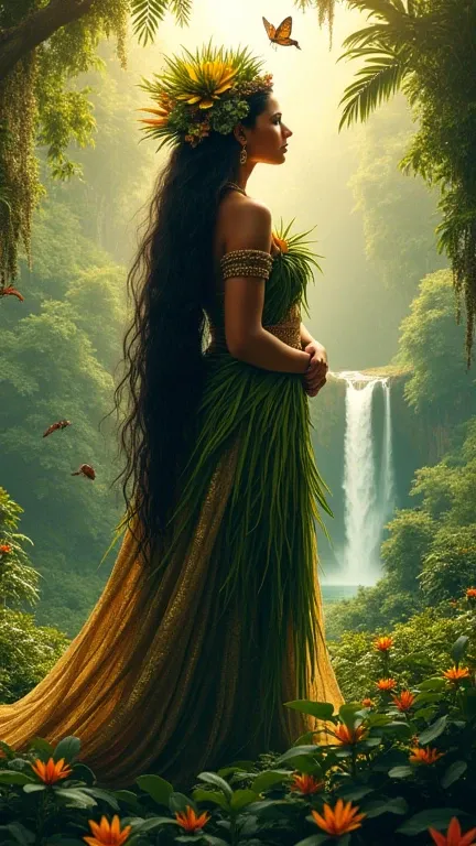 " An indigenous Brazilian goddess , inspired by Mother Nature ,  with long black hair intertwined with tropical leaves and flowers.  She wears a cloak of green and gold feathers ,  surrounded by animals from the Amazon rainforest , with rays of sunshine sh...