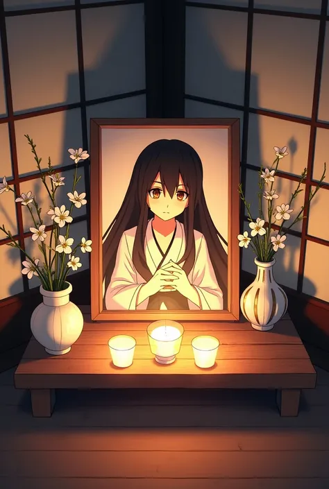 Japanese funeral altar in a corner of the house with white flowers and white candles as well as the image of the person is Quanxi in the animated Chainswaman