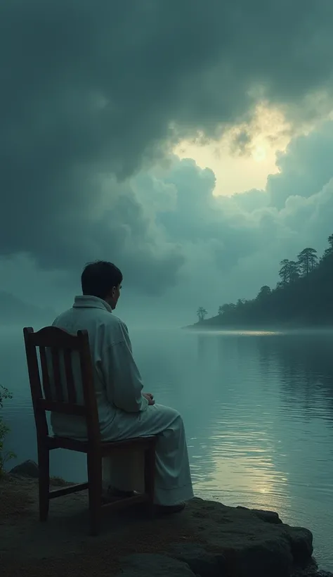 A figure sitting in a chair near a calm lake during a storm in the background, representing peace and trust in the Lord even in the midst of difficulties.