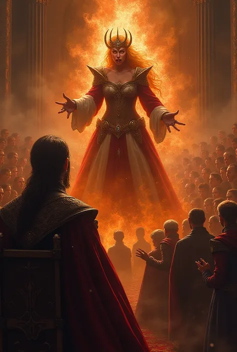 A picture of an angry and fiery looking queen pointing at the king Infront of people 