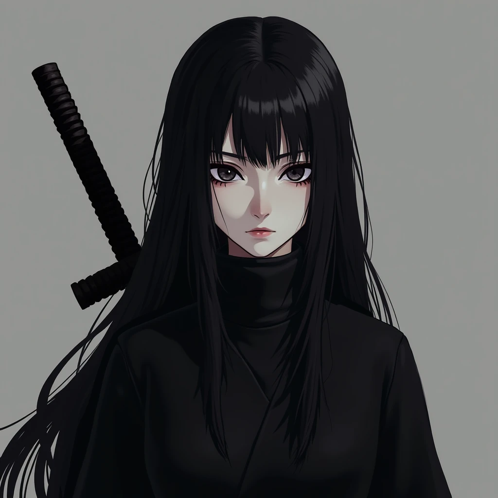 Goth ninja girl .. black full clothes.. japanese traditional kinochi.. HIME CUT black hair clothes.. evil mode.. Anime style.. skin pale .. black eyes  Onyx .. Anime (naruto style)age 20 long hair until knees And Hime cut Naruto Naruto naruto 